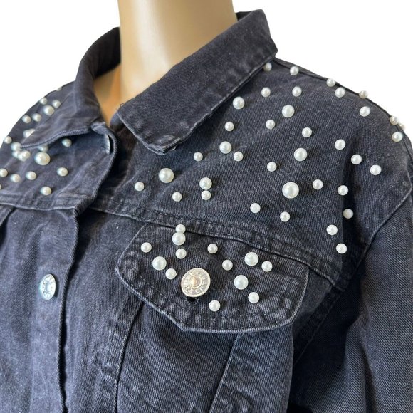 Womens Wash Denim Jackets Large Black White Mid Length Decorated With Pearls - Picture 10 of 16